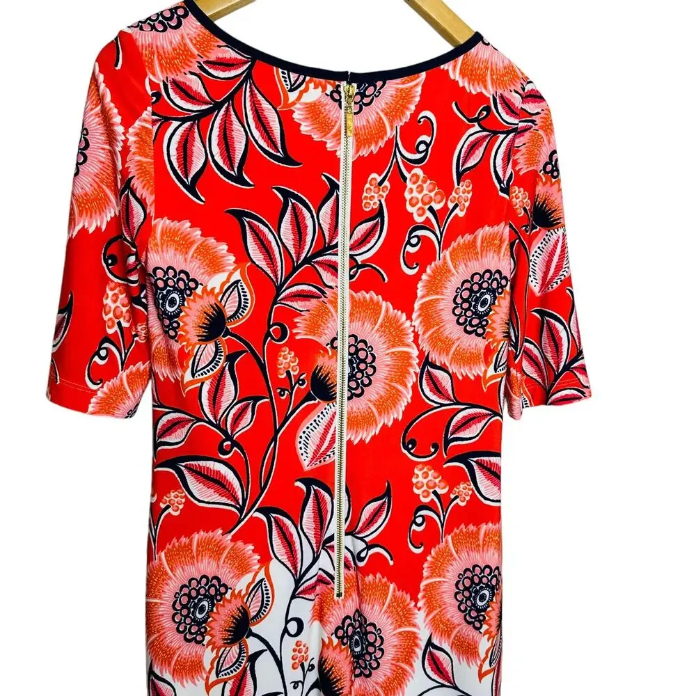 Eliza J Short Sleeve Red Orange Navy Big Floral Sheath Dress Size 2 - Picture 10 of 12
